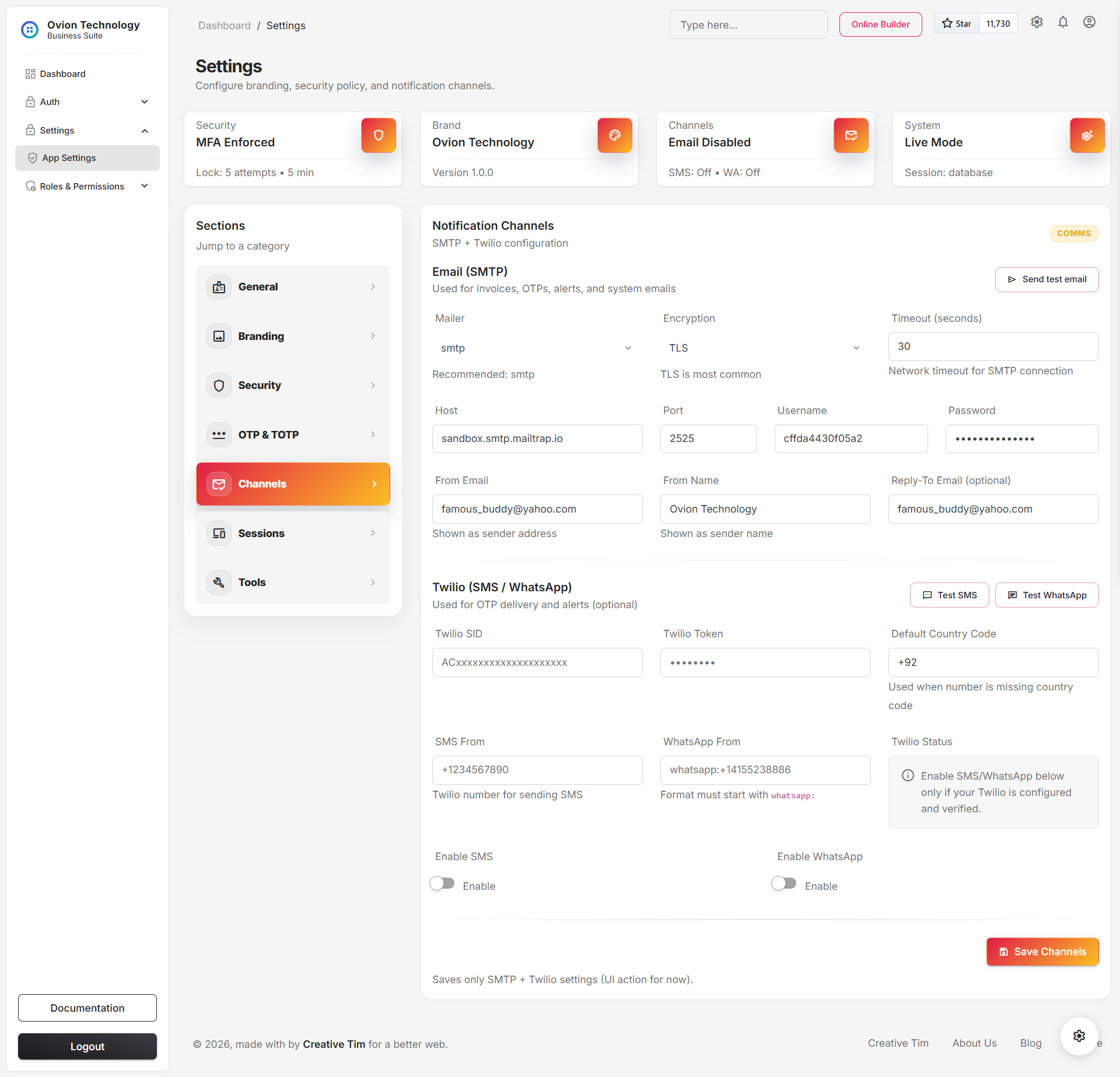 Channels settings screen