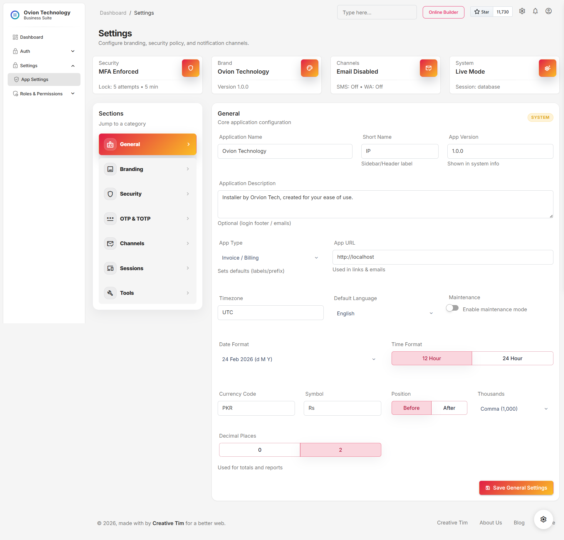 General settings screen