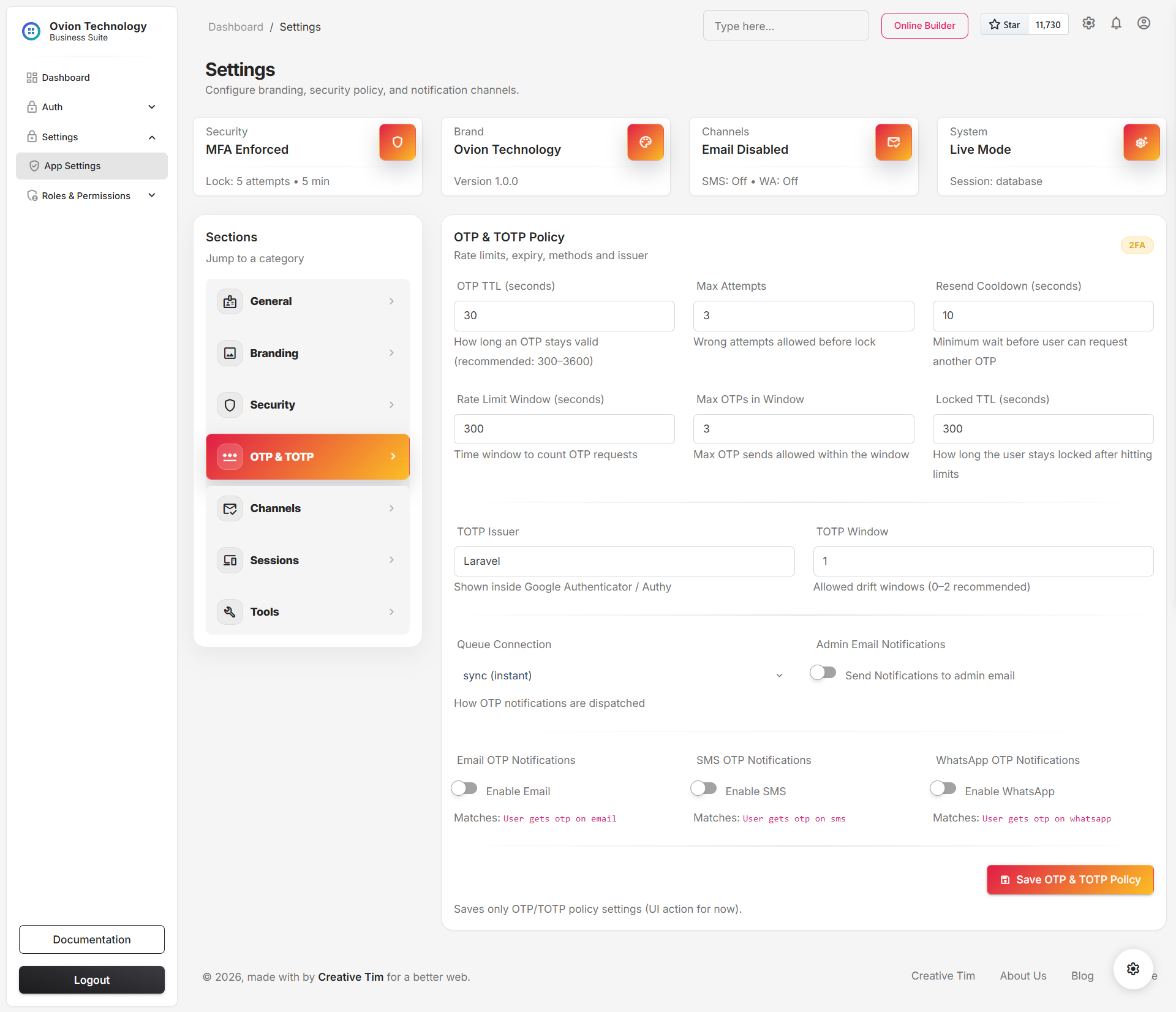 OTP and TOTP settings screen