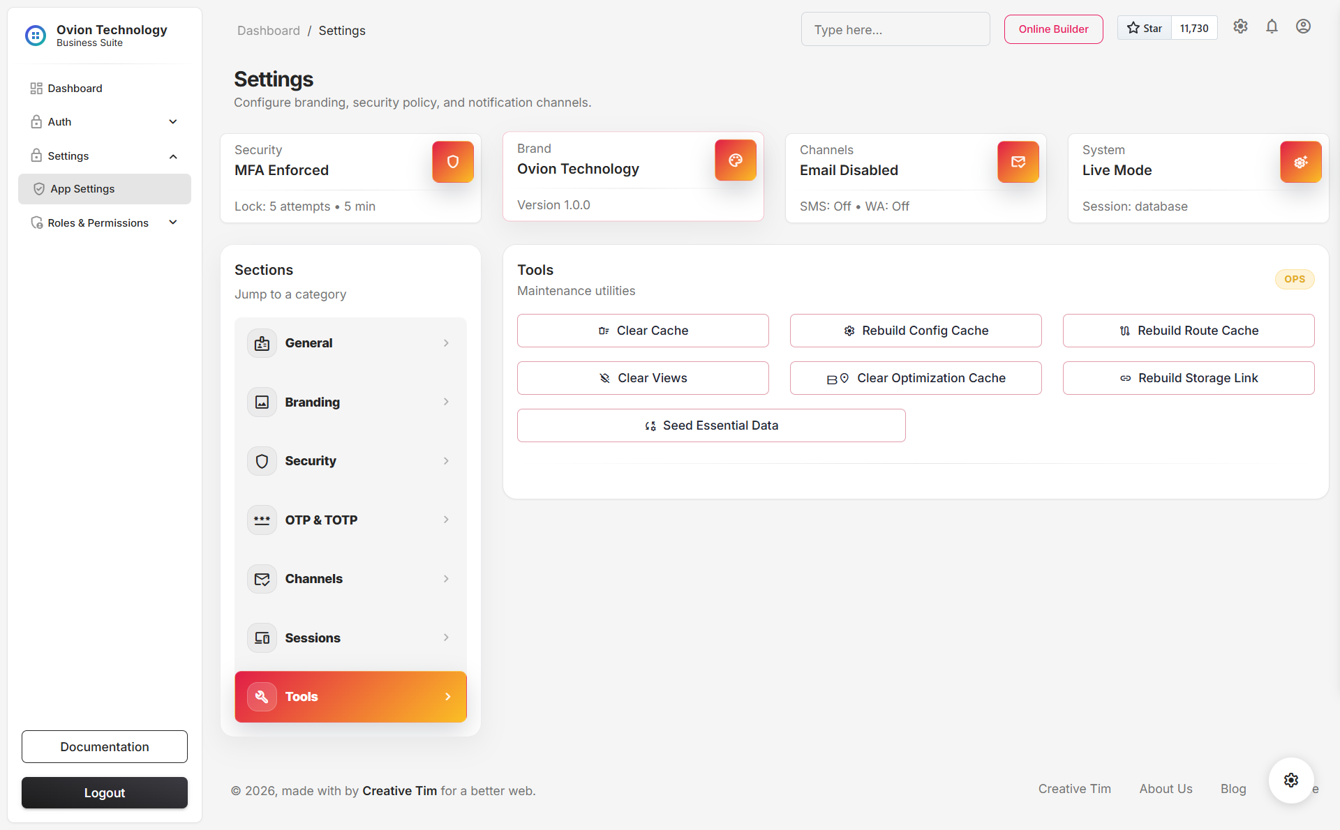 Tools settings screen