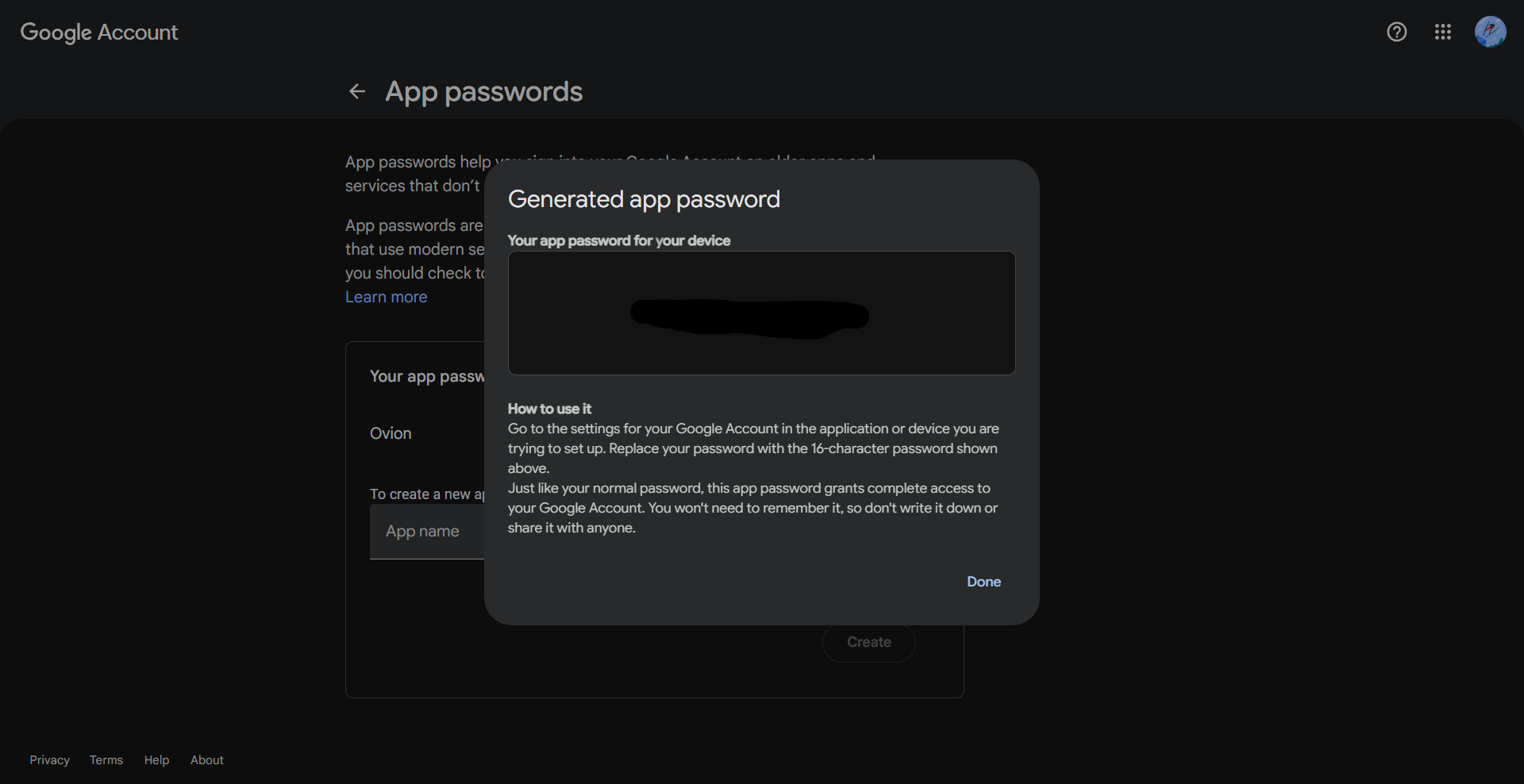 Gmail app password placeholder