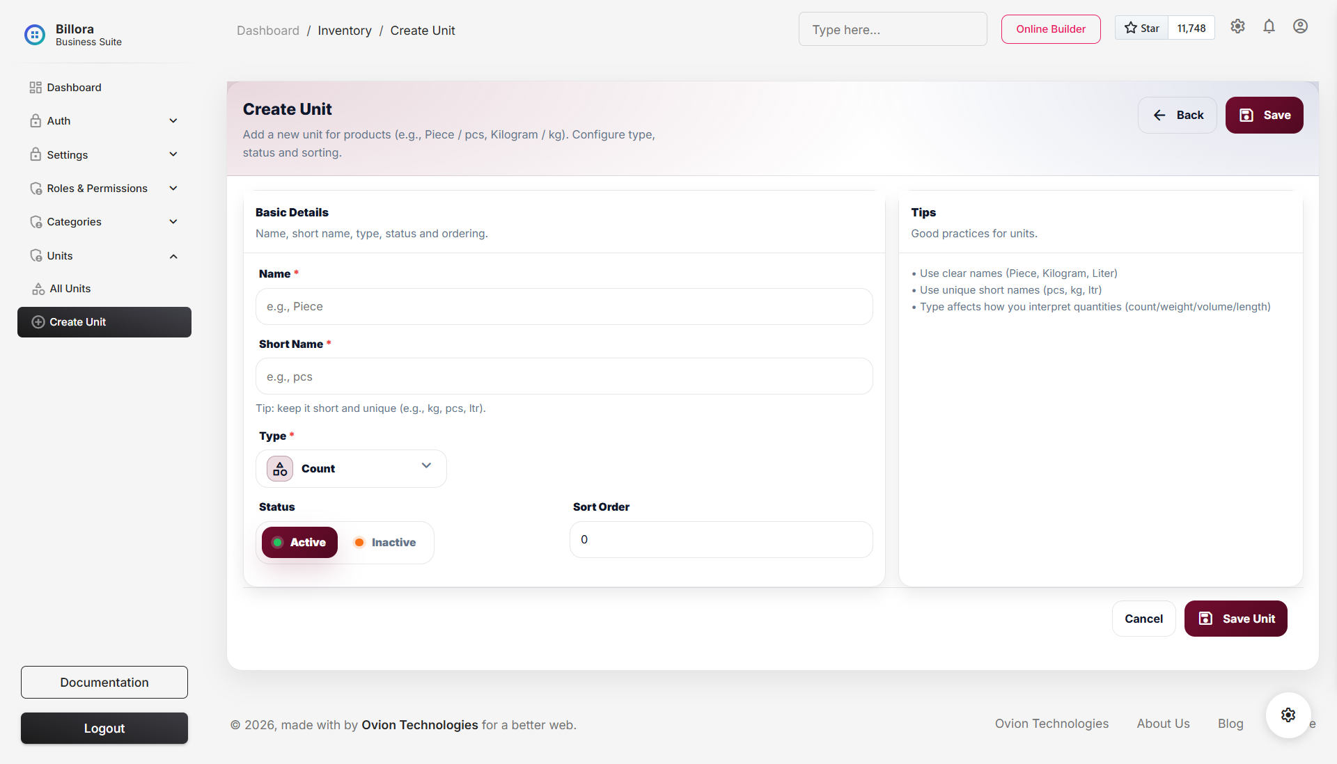 Units create or edit form in light mode