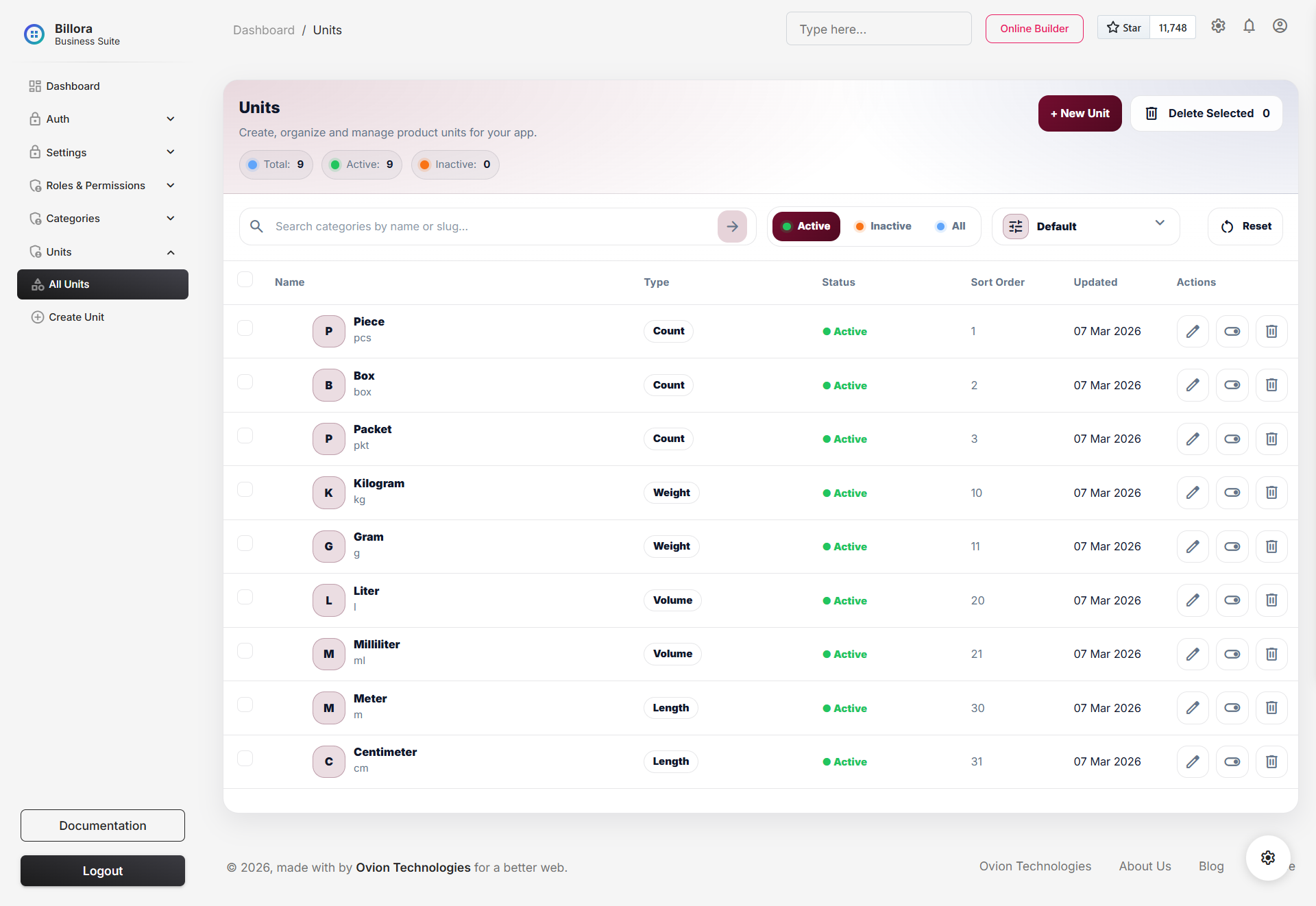 Units module listing page in light mode